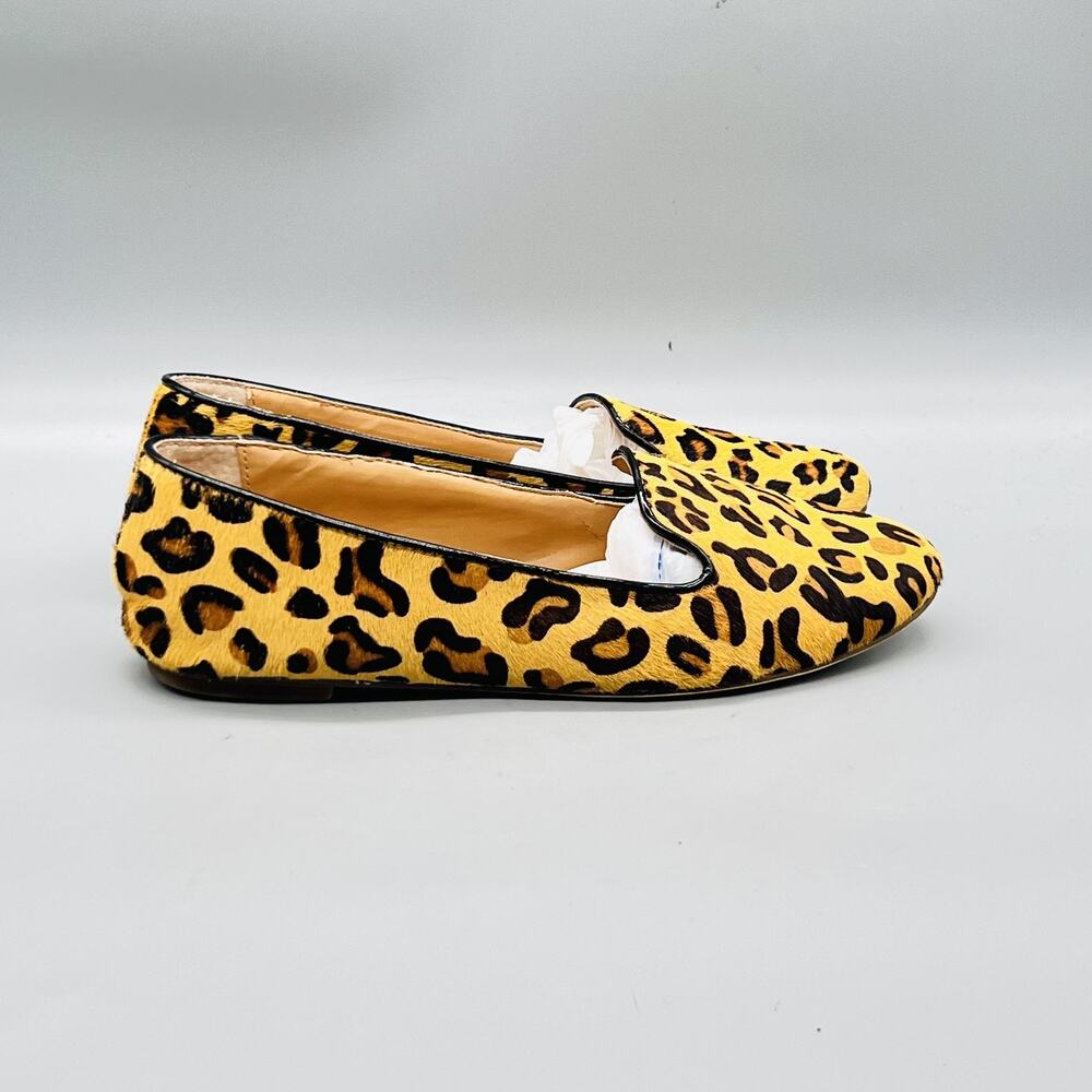 J Crew Shoes Womens 8 Yellow Leopard Calf Hair Loafer Flats Slip On Almond Toe